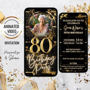 80th Birthday Invitation, Video Invitation with Photo, Digital 80th Birthday Party Invite, Birthday Dinner Evite, Black and Gold, for him