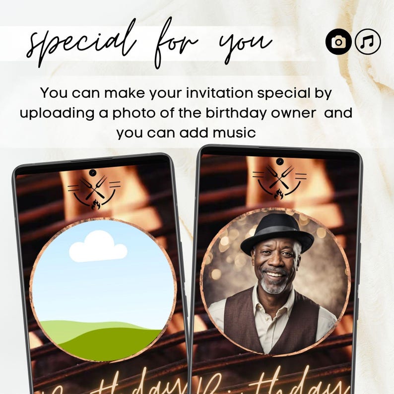 Op de afbeelding: Twee smartphones met een verjaardagsuitnodigingsontwerp. De tekst "special for you" staat bovenaan. De uitnodiging maakt het mogelijk om een foto en muziek toe te voegen. E&eacute;n scherm toont een landschap, de andere een lachende man.