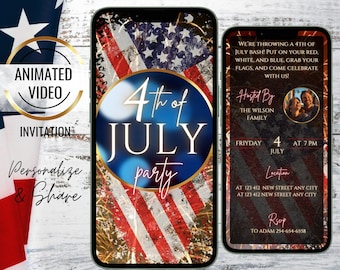 Firework 4th of July American Flag Invitation, Independence Day Party Invite, Patriotic Video Invitation, Editable Labor Day Template, BBQ