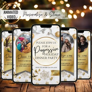 May include: A digital invitation for a progressive holiday dinner party. The invitation features a gold and white design with snowflakes, stars, and bells. The text on the invitation reads "Please join us for a Progressive Holiday Dinner Party".