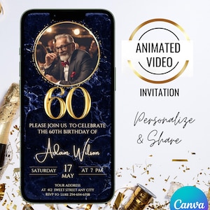 Invito fotografico animato per la festa del 60° compleanno con glitter oro blu navy, cena modificabile per il 60° compleanno, invito digitale per il 60° compleanno per donna e uomo