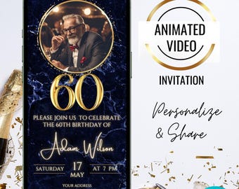Animated Navy Blue Gold 60th Birthday Party Photo Invitation, Editable Gold Glitter 60th Birthday Dinner, Digital 60th Birthday women men
