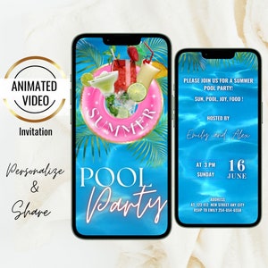 Könnte beinhalten: Eine digitale Einladung zu einer Sommer-Poolparty. Die Einladung zeigt einen rosafarbenen aufblasbaren Ring mit dem Wort "SUMMER" darauf, umgeben von tropischen Blättern und Cocktails. Der Text auf der Einladung lautet: "Bitte schließen Sie sich uns zu einer Sommer-Poolparty an! Sonne, Pool, Freude, Essen! Veranstaltet von Emily und Alex. Um 15:00 Uhr am Sonntag, den 16. Juni. Adresse: 123 412 New Street Any City. RSVP an Emily 254-654-6558."