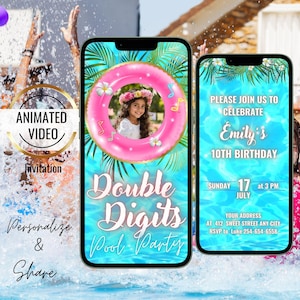 May include: A digital invitation for a pool party with a pink inflatable ring with a photo of a girl in the center. The text on the invitation reads "Double Digits Pool Party" and "Please join us to celebrate Emily's 10th Birthday".