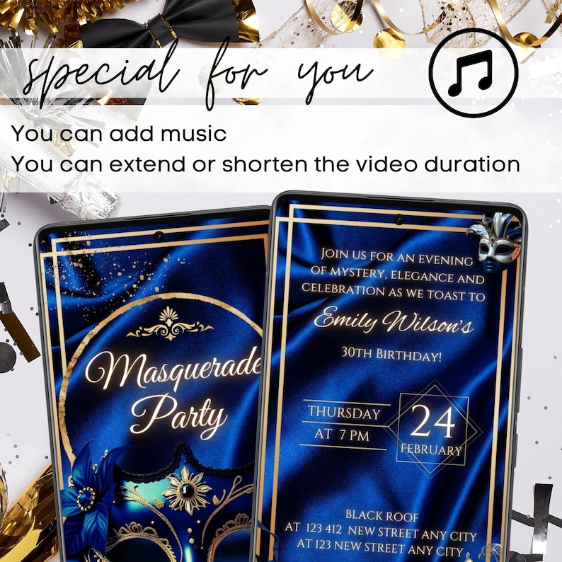 Royal Blue Masquerade Party Invitation, Video Masquerade Birthday Party ...