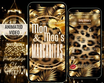 Leopard Moo Moos & Margaritas Invitation, Editable Muu Muus, Gold Glam Cocktail Party Evite, Tropical Birthday Evite, Girls Night, Luxury
