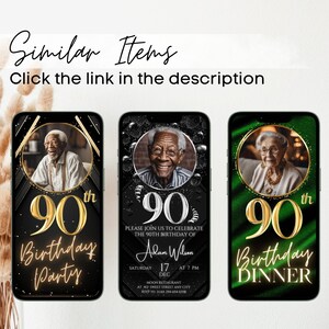 May include: Three black and gold 90th birthday party invitations with different backgrounds. The first invitation has a black and gold geometric pattern. The second invitation has a black background with silver glitter and a silver 90. The third invitation has a green background with a gold 90. Each invitation has a photo of a person in a circle.