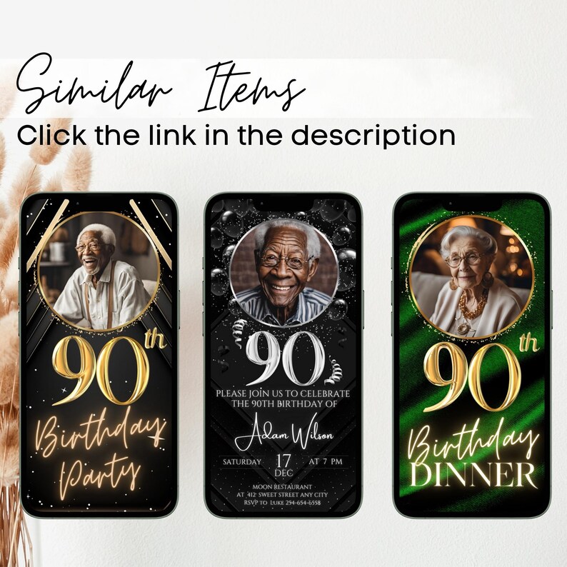 May include: Three black and gold 90th birthday party invitations with different backgrounds. The first invitation has a black and gold geometric pattern. The second invitation has a black background with silver glitter and a silver 90. The third invitation has a green background with a gold 90. Each invitation has a photo of a person in a circle.