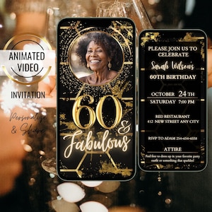 60 & Fabulous Birthday Invitation, Digital Black and Gold 60th Birthday Party Invite, Photo Invitation, 60th Birthday Dinner for Men - Women