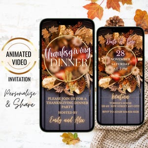 Kürbis Floral Thanksgiving-Video-Einladung, bearbeitbare Friendsgiving-Digital einladen, animierte Dinner-Party, Familientreffen-Telefon Evite