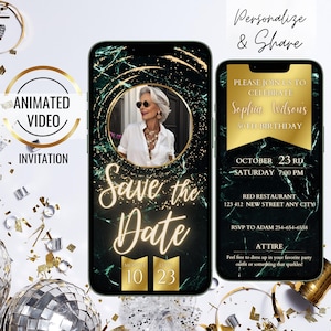 Video Save the Date groen 50e verjaardagsuitnodiging, gouden 60e verjaardag foto uitnodiging, digitale 40e verjaardagsfeestje, geanimeerde alle leeftijden Evite