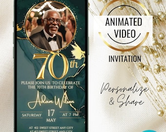 Faire-part 70e anniversaire vert émeraude, invitation à une fête d'anniversaire animée or 70e anniversaire, invitation photo numérique, invitation élégante pour homme, femme