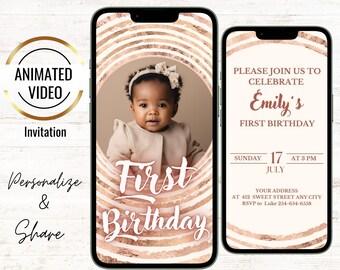 May include: A digital invitation for a first birthday party with a rose gold and white striped background. The invitation features a photo of a baby girl in a circle and the text "First Birthday" in a rose gold font. The text "Please join us to celebrate Emily's First Birthday" is also included on the invitation.