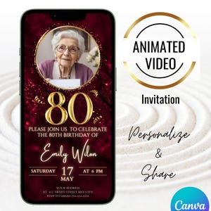Maroon Animated 80th Birthday Party Photo Invitation, Editable Text with Gold Glitter 80th Birthday Dinner, Digital Eightieth Bday Evite