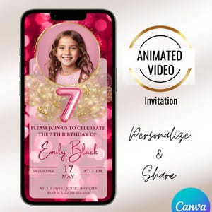 Animated Pink Balloons 7TH Birthday Photo Invitation, Digital Birthday Party invite, Editable Bday evite, Invitation for girl,  pink glitter