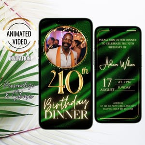 Animierte Grün Gold 40. Geburtstag Foto einladen, bearbeitbarer Text Geburtstagsfeier für Frauen, digitale Einladung für Männer, Sofort Download