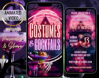 May include: A digital Halloween party invitation displayed on a smartphone. The design features the words "Costumes & Cocktails" in a spooky font, set against a backdrop of a full moon and a haunted house. Party details are also included.