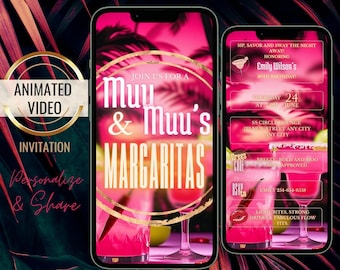 May include: A digital invitation for a party, displayed on two smartphones. The invitation features a pink and gold color scheme with the text "Muu & Muu's Margaritas." The invitation includes details about the event, such as the date, time, and location.