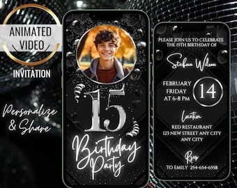 Black Balloons 15th Birthday Invitation, Silver 15th Birthday Party Invite, Photo Invitation, Digital Birthday Itinerary, Teenager Evite