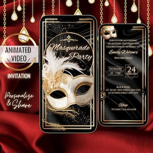 Convite para festa de máscaras pretas e douradas, convite para festa de aniversário com máscara branca, texto editável, gala formal, quinceañera, casamento
