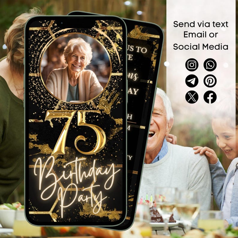 75th Birthday Invitation, Black and Gold, Video Invitation With Photo ...