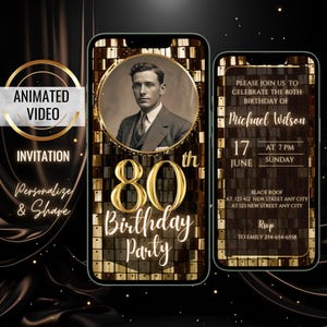Gold 80th Birthday Invitation, Video Invitation with Photo, Digital 80th Birthday Party Invite, Birthday Dinner Evite, Bday For Women, Men