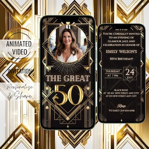 The Great 50th Birthday Invitation, Gatsby Party Theme, Elegant Roaring 20s Invite, Art Deco Party Evite, 1920s Harlem Night, for Women, Men