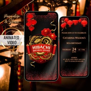 Invito a forma di serpente dello zodiaco cinese, cena giapponese hibachi, invito digitale lanterna rossa, serata sushi modificabile, invito per festa di compleanno