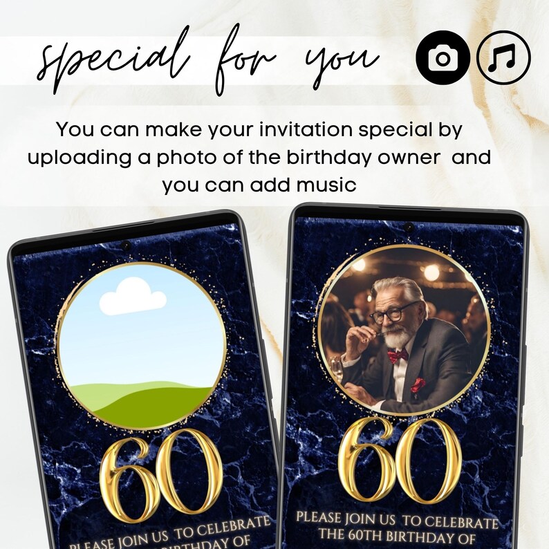 Animated Navy Blue Gold 60th Birthday Party Photo Invitation, Editable ...