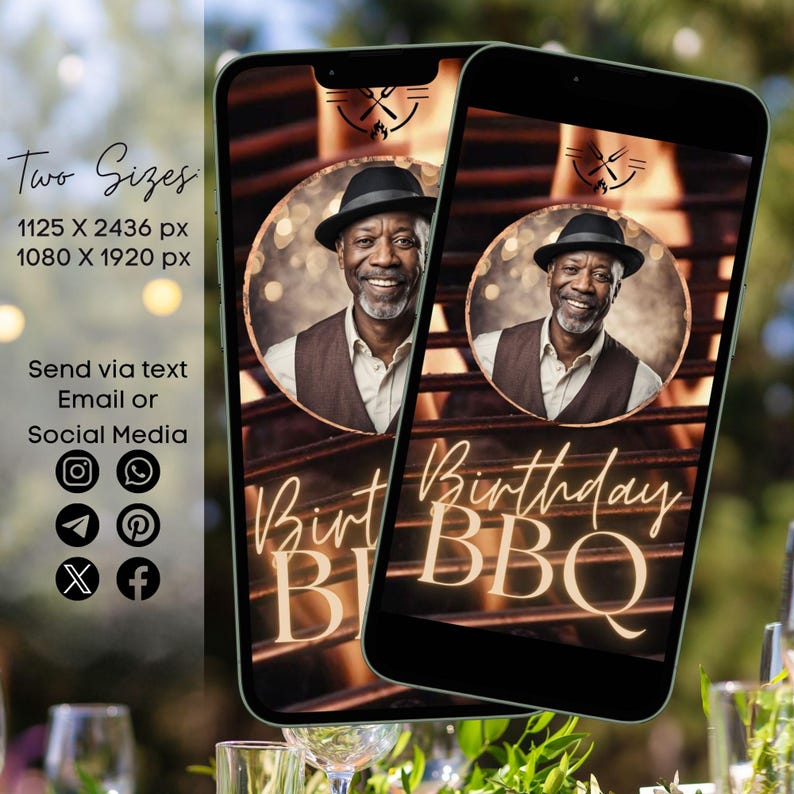 Op de afbeelding: Twee smartphones die een "Verjaardag BBQ" uitnodiging tonen. Het ontwerp toont een lachende man met hoed en vest, met tekst overlay. De uitnodiging is beschikbaar in twee formaten en kan via sms, e-mail of social media worden verzonden.