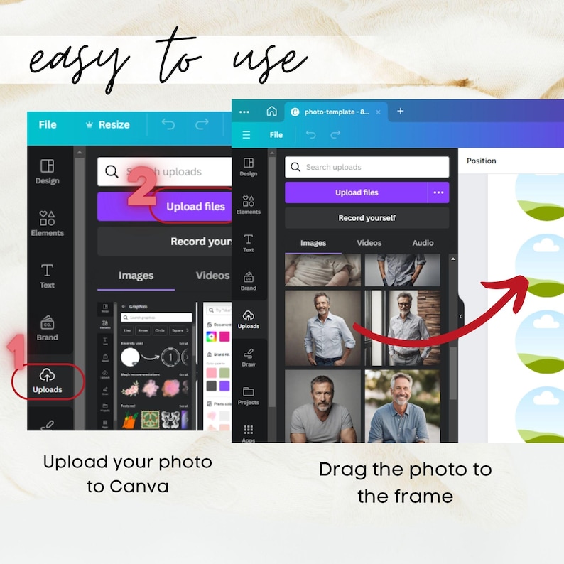 Op de afbeelding: Een screenshot van de Canva-interface met instructies. De tekst "easy to use" staat bovenaan. Stappen omvatten het uploaden van een foto en het slepen naar een frame. De interface toont opties voor ontwerp, elementen, tekst en uploads.