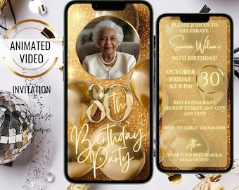 Invitación de 80 cumpleaños con globos dorados, plantilla de foto animada, cena elegante, almuerzo de lujo, invitación a fiesta