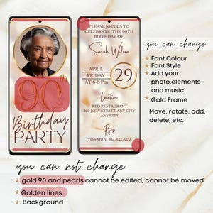 May include: A digital invitation for a 90th birthday party. The invitation features a photo of a woman, the text "Sarah Wilson", and the date "April 29". The invitation also includes the location of the party, "Red Restaurant", and the time, "6-8 pm".