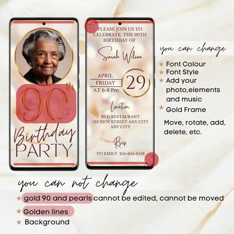 May include: A digital invitation for a 90th birthday party. The invitation features a photo of a woman, the text "Sarah Wilson", and the date "April 29". The invitation also includes the location of the party, "Red Restaurant", and the time, "6-8 pm".