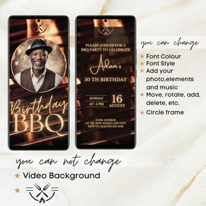 Op de afbeelding: Digitale uitnodiging voor een BBQ-verjaardagsfeestje. Het ontwerp toont een foto van een man met een hoed, de woorden "Birthday BBQ" en evenementdetails. De uitnodiging staat tegen een donkere achtergrond met een grill.