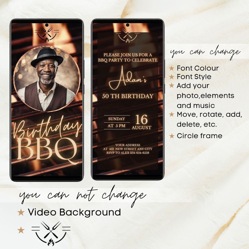 Op de afbeelding: Digitale uitnodiging voor een BBQ-verjaardagsfeestje. Het ontwerp toont een foto van een man met een hoed, de woorden "Birthday BBQ" en evenementdetails. De uitnodiging staat tegen een donkere achtergrond met een grill.