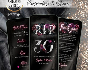 Floral RIP 30s Birthday Digital Invitation, 40th Birthday Invite, Animated Editable Death To My 30s Party, Silver Birthday Itinerary Women