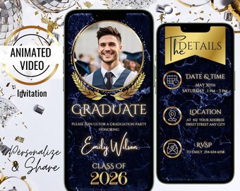 Digital Navy Blue Gold Graduation Party Photo Invitation, Animated 2026 Graduate, Grad Announcement Invite