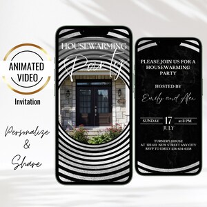 May include: Black and white animated video invitation for a housewarming party. The invitation features a photo of a house's front door with a black and white striped circle overlay. The text on the invitation reads "Housewarming Party", "Hosted by Emily and Alex", "Sunday, July 17 at 3 PM", "Turner's House", "At 123 412 New Street Any City", and "RSVP to Emily 254-654-6558".