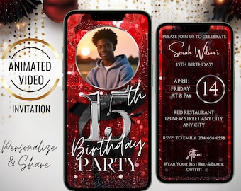 Black & Red 15th Birthday Invitation, Animated Silver Photo Invitation, Digital Birthday Party Itinerary, Teenager Evite, Template Boy, Girl