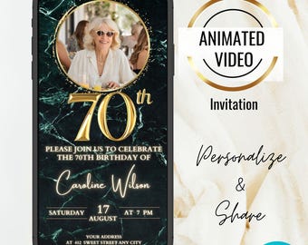 Faire-part photo animé 70e anniversaire or vert, invitation numérique 70e anniversaire, texte modifiable fête 70e anniversaire or, femmes, hommes