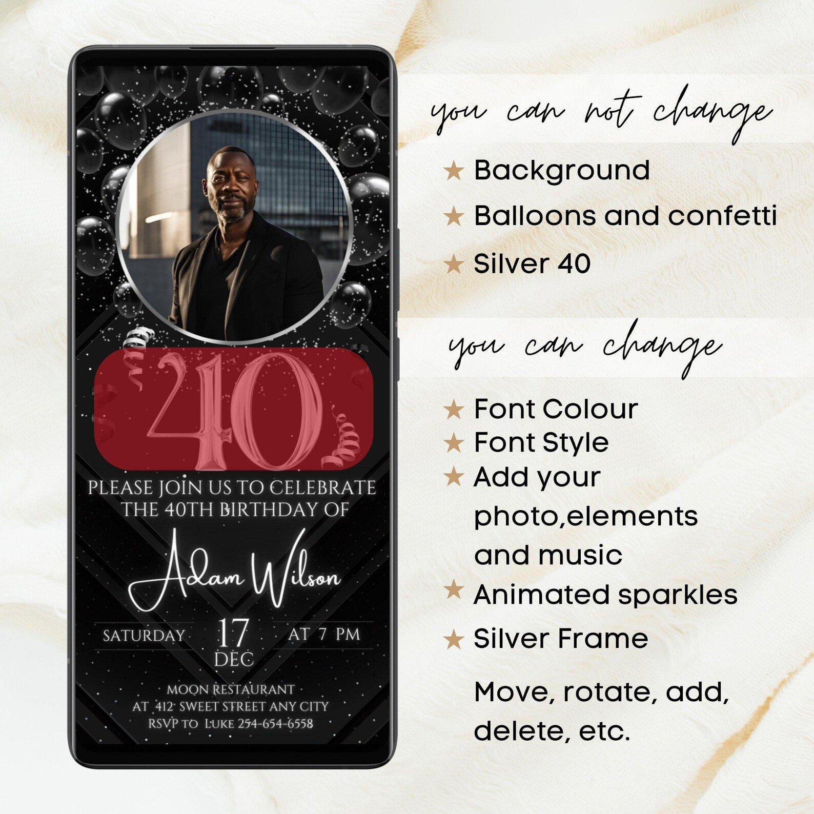 Black 40th Birthday Party Invitation, Birthday Dinner Silver Photo ...