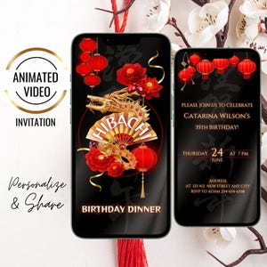 May include: A digital invitation for a 35th birthday dinner party with a red and gold Chinese dragon design. The invitation includes the text "Hibachi Birthday Dinner" and details about the event, including the date, time, and location.