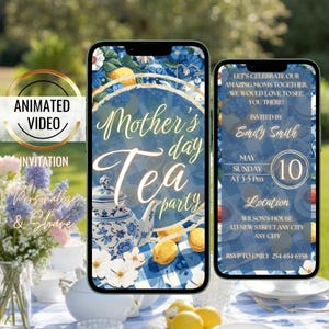 Blaue Fliesen Muttertags-Teeparty-Einladung, Blumenmutter-Tagesbrunch, bearbeitbares italienisches Evite
