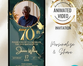 Faire-part 70e anniversaire vert émeraude, invitation animation 70e anniversaire or, photo numérique d'invitation, invitation élégante pour homme, femme