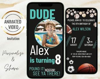 Animated Dude Birthday Photo Invitation, Blue Black Perfect Party Invite, Invitation For Boy, Sports Theme, Editable evite, Digital Download
