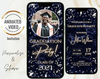 2024 Navy Blue Graduation Party Photo Invitation, Animated Silver Grad Announcement Invite, Digital Clebration evite, instant download