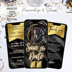 Black & Gold Save The Date videoverjaardagsuitnodiging, digitale 40e verjaardagsfeestje, uitnodiging voor alle leeftijden, elegante foto-uitnodiging, voor vrouwen, mannen
