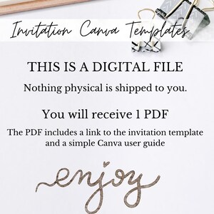May include: A digital invitation template document featuring the text Invitation Canva Templates, THIS IS A DIGITAL FILE, Nothing physical is shipped to you, You will receive 1 PDF, The PDF includes a link to the invitation template and a simple Canva user guide, and the word enjoy.