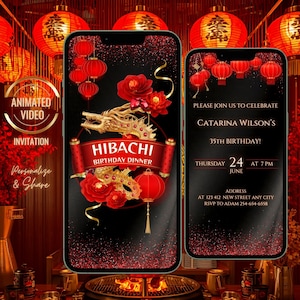 Uitnodiging voor een Hibachi-verjaardagsdiner met drakenmotief, Japans verjaardagsdiner, Teppanyaki-feest, uitnodiging voor een sushi-avond, bewerkbaar sjabloon